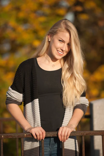 Outdoor Portrait Beautiful Young Woman Gray Sweater Sunny Autumn Day — Stock Photo, Image