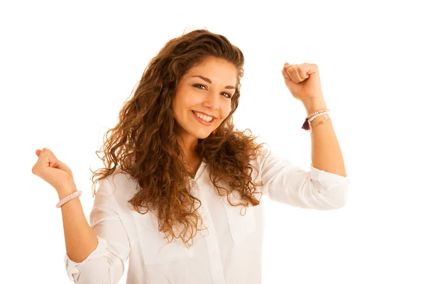 Atractivo joven mujer de negocios en camisa blanca gesto éxito w — Foto de Stock