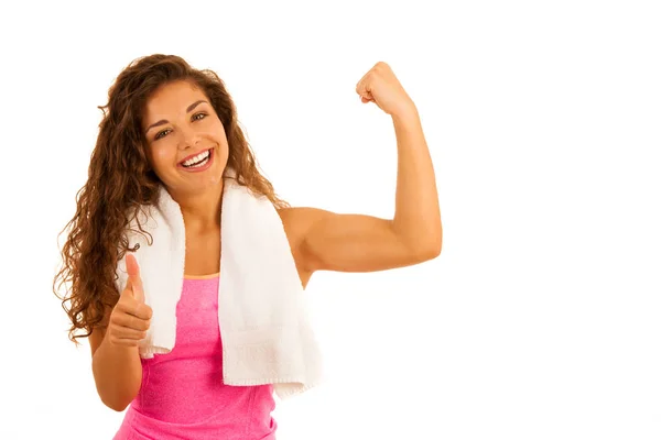 Aktivní mladé sportovní fit žena moc gesto s rukama nahoru iso — Stock fotografie