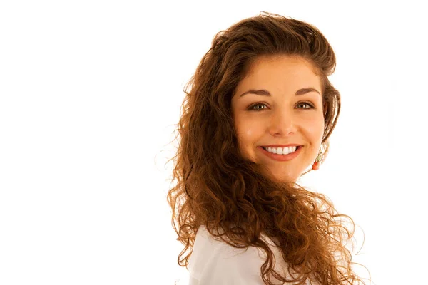Aantrekkelijke jonge peinzende zakenvrouw glimlachend geïsoleerde over wh — Stockfoto