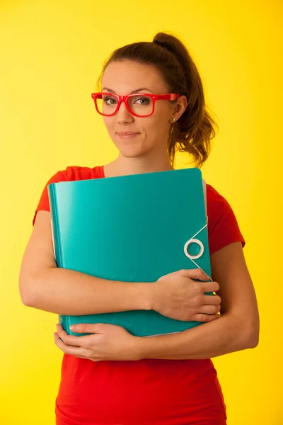 Beautiful Young Student Holding Folder Front Yellow Wall — Stock Photo, Image