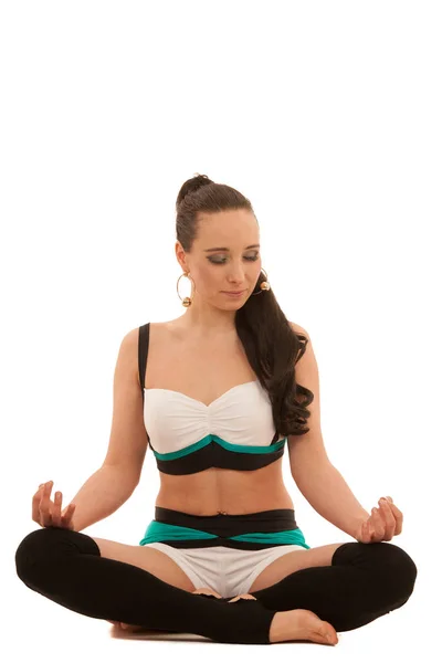 Mujer practica yoga o medita en posición de loto aislado sobre —  Fotos de Stock