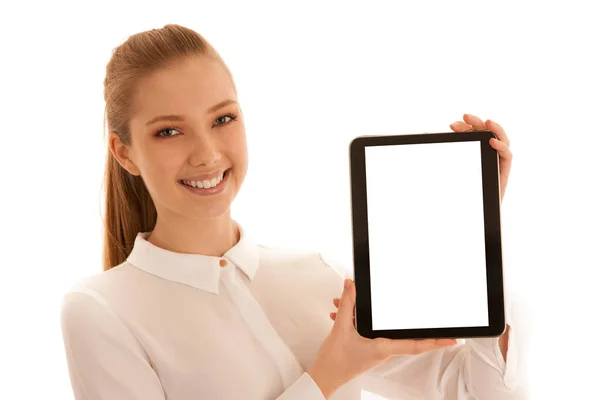 Beautiful Business Woman Shows Blank Monitor Tablet Isolated White — Stock Photo, Image