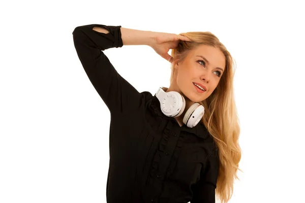 Beautiful Young Woman Listens Music Headphones Dance Isolated White Background — Stock Photo, Image