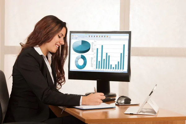 Biznes kobieta pracuje w jej biurze na komputerze — Zdjęcie stockowe