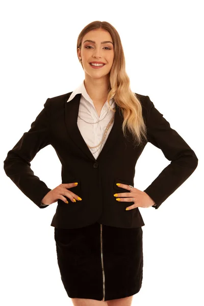 Joven mujer de negocios en vestido de negocios aislado sobre respaldo blanco —  Fotos de Stock