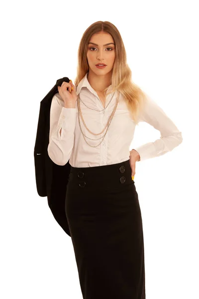 Νεαρή επιχείρηση γυναίκα στο επιχειρηματικό φόρεμα απομονωμένη πάνω από το λευκό πίσω — Φωτογραφία Αρχείου