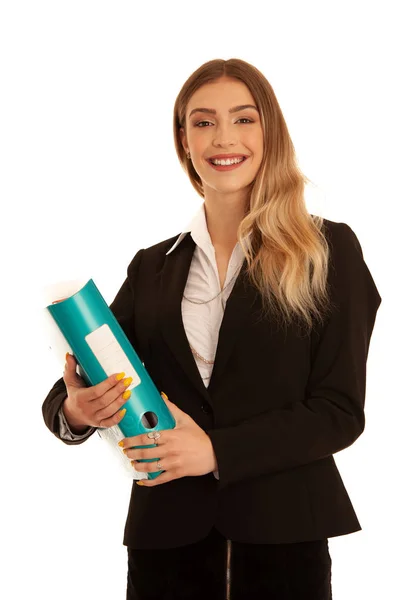 Giovane donna d'affari tenere cartella in abito da lavoro isolato ove — Foto Stock