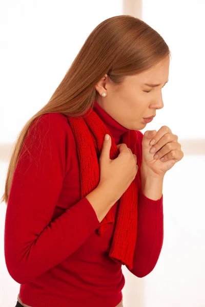 Genç Hasta Kadın Öksürük Gibi Soğuk Grip Hastalık Grev — Stok fotoğraf
