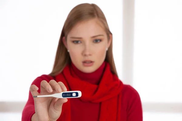 Beautiful Young Woman Checks Fever Thermometer She Feels Ill — Stock Photo, Image