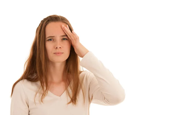 Mooie Jonge Brunette Vrouw Houdt Haar Hoofd Als Hoofdpijn Ziekte — Stockfoto