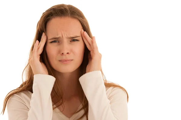 Beautiful Young Brunette Woman Holds Her Head She Has Headache — Stock Photo, Image