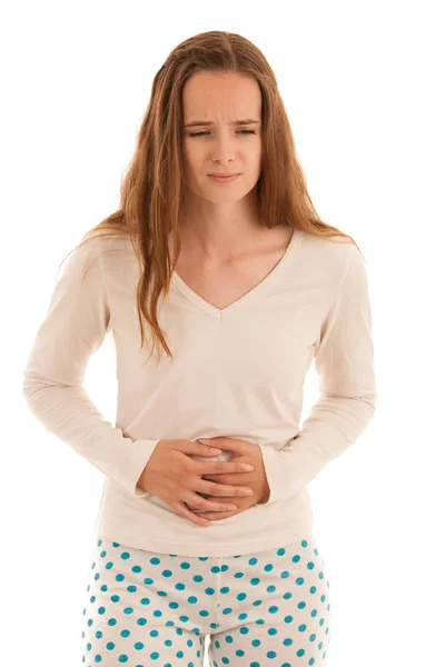 Junge Brünette Kaukasische Frau Mit Schmerzen Ihrem Magenmenstruationszyklus — Stockfoto