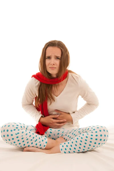 Jonge Brunette Kaukasische Vrouw Met Pijn Haar Maag Menstruele Cyclus — Stockfoto