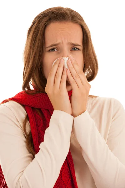 Giovane Donna Sconvolta Che Soffre Influenza Hom — Foto Stock