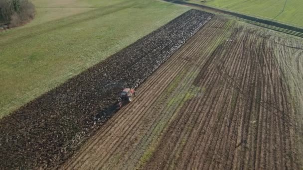 Tarlalarda Arazi Hazırlayan Traktördeki Bir Çiftçinin Hava Görüntüsü Yukarıdan Aşağıya — Stok video