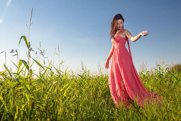Piękna Młoda Kobieta Czerwonej Sukience Polu Lato — Zdjęcie stockowe