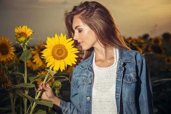 Schöne Junge Frau Sonnenblumenfeld Einem Sommertag — Stockfoto
