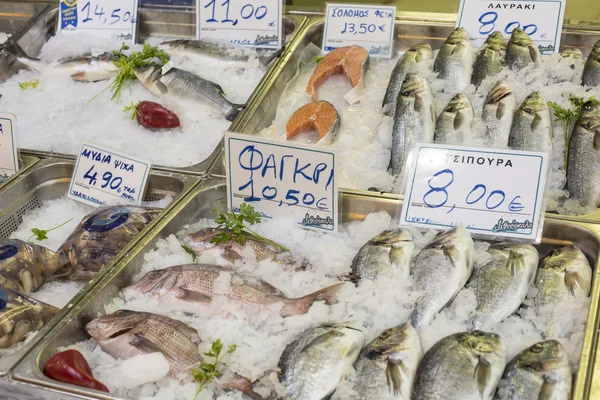 Variedad de pescado y marisco en el mercado griego local . —  Fotos de Stock