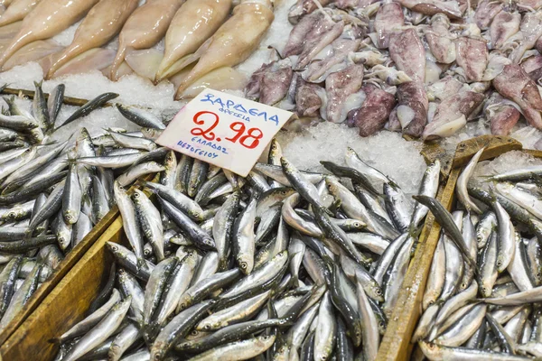 Varietà di pesce e frutti di mare sul mercato greco locale . — Foto Stock