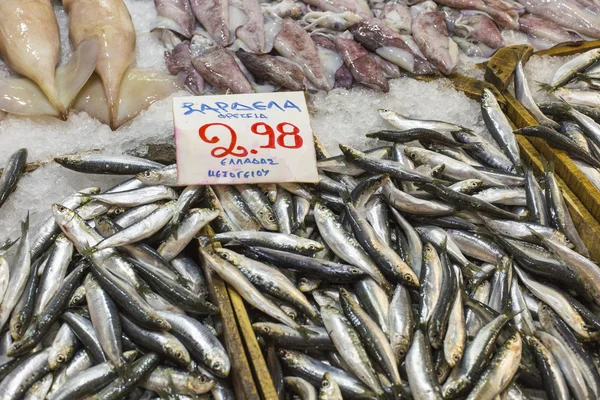 Variedade de peixes e frutos do mar no mercado local da grécia . — Fotografia de Stock