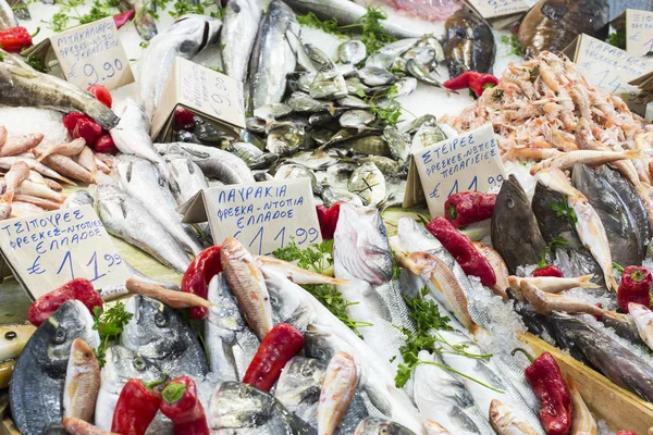 Variedad de pescado y marisco en el mercado griego local . —  Fotos de Stock