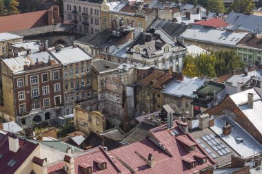 Lviv, Ukrayna - 02 Ekim 2016: Lviv şehri yukarıdan. Merkez 