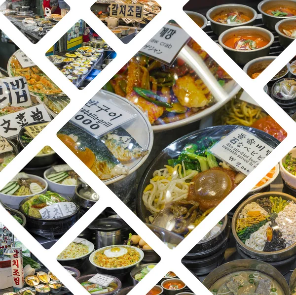 Collage av koreanska sida rätter på lokala marknaden i Seoul, South Ko — Stockfoto