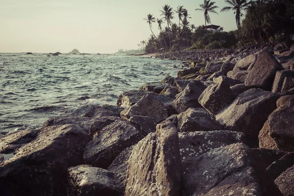 Puesta de sol en la playa con palmeras y océano con olas. Midigama b —  Fotos de Stock