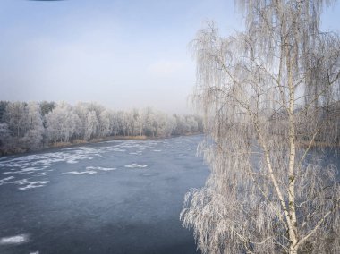 Kış arka plan karla kaplı orman ile havadan görünümü 
