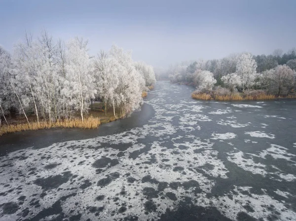 Flygfoto över vintern bakgrunden med en snötäckt skog — Stockfoto