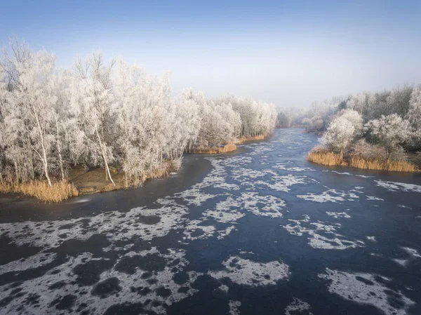 Aerial view of the winter background with a snow-covered forest — Stock Photo, Image