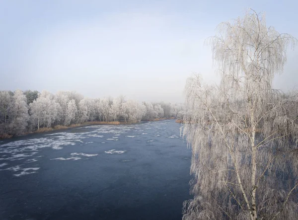 Veduta aerea dello sfondo invernale con una foresta innevata — Foto Stock