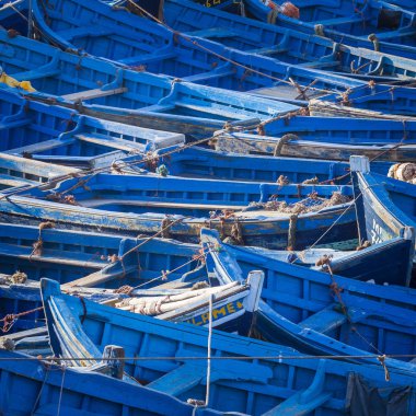 essaouira, Fas, Afrika mavi balıkçı tekneleri