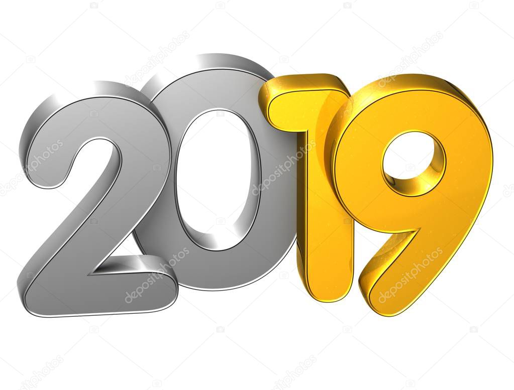 3D Gold Number New Year 2019 on white background
