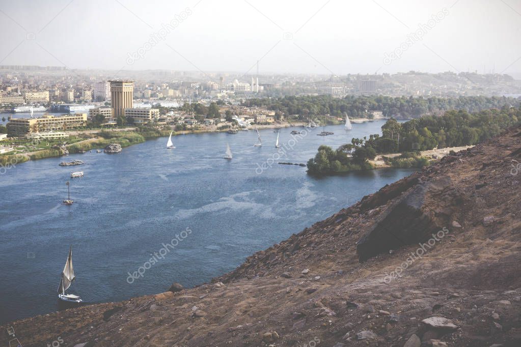 Feluccas sailing on the Nile near Aswan, Egypt