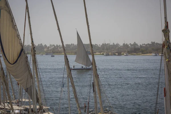 Wooden boats felucca at the Nile River in Aswan, Egypt, North Af — Stock Photo, Image