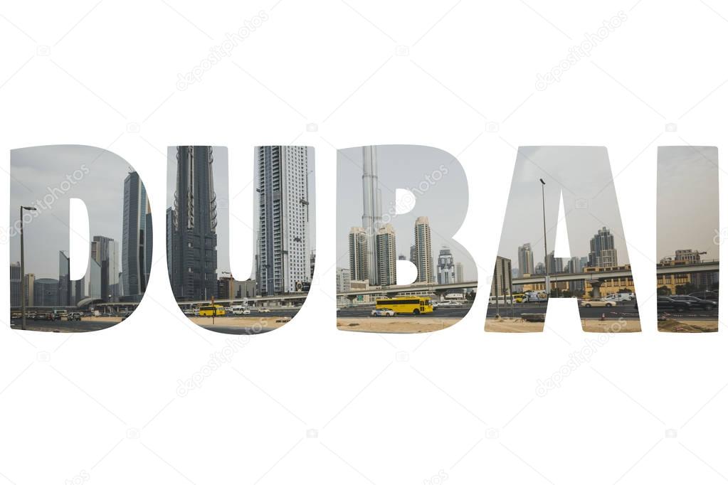 Word DUBAI over symbolic places.