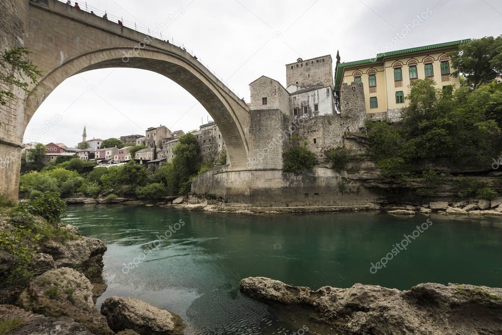 Panorama of The Old Bridge in Mostar in a beautiful summer day, 