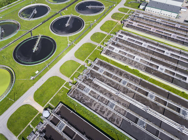 Sewage farm. Static aerial photo looking down onto the clarifyin