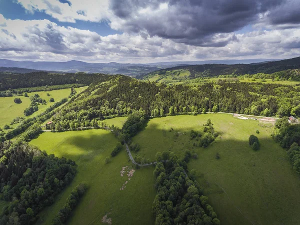 Aerial view of the summer time in mountains in border Poland and — Stock Photo, Image