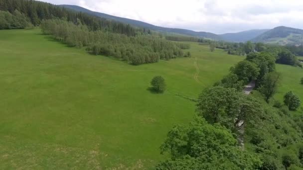 Вид с воздуха на лето в горах. Польша. Сосновый лес и облака над голубым небом. Вид сверху . — стоковое видео