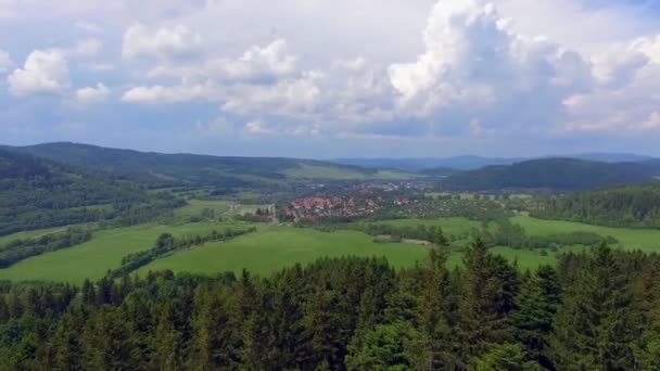 Vista aérea de la hora de verano en las montañas en la frontera con Polonia y la República Checa. Bosque de pinos y nubes sobre el cielo azul. Vista desde arriba . — Vídeos de Stock
