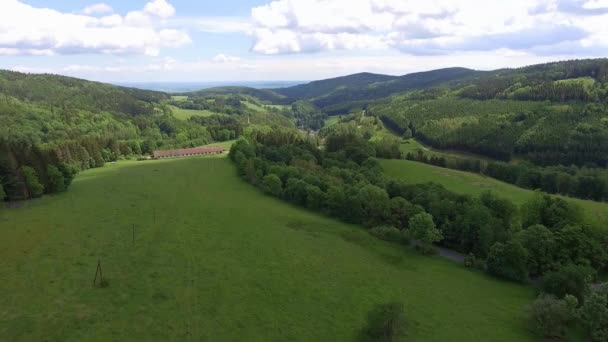 Luchtfoto van de zomertijd in Bergen in grens Polen en Tsjechië. Boom pijnbomenbos en wolken boven de blauwe hemel. Van bovenaf bekijken. — Stockvideo