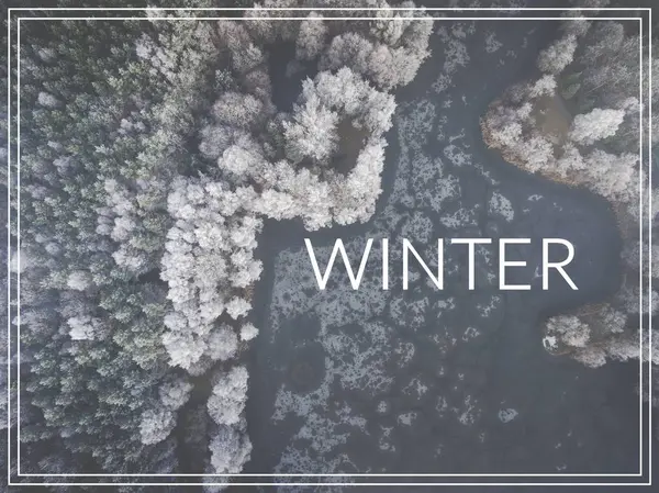 Word Winter over forest and lake from above. — Stock Photo, Image