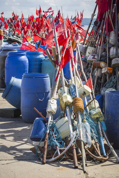 Network fishing drying on the beach in sunny day. Baltic Sea and — Stock Photo, Image