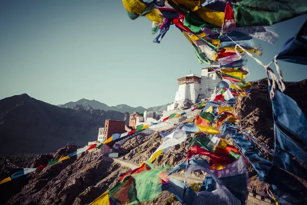 Prayer tibetan flags near the Namgyal Tsemo Monastery in Leh, La — Stock Photo, Image