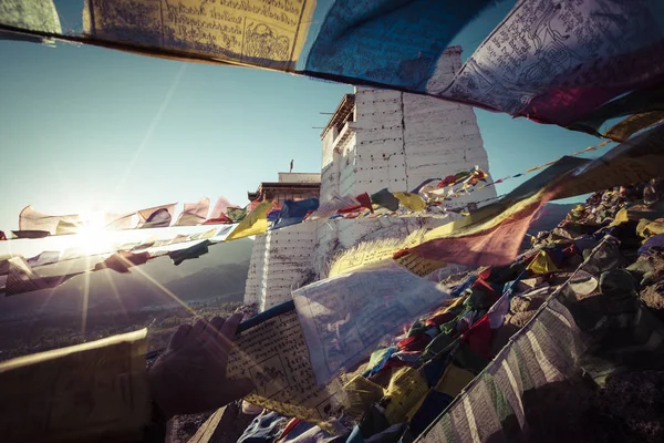 Θιβετιανές σημαίες προσευχής κοντά στο μοναστήρι Tsemo Ναμγκιάλ στο Leh, Λα — Φωτογραφία Αρχείου