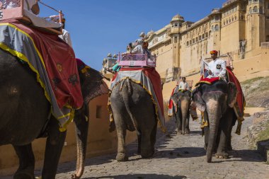 Jaipur, Hindistan - 18 Eylül 2017: Tanımlanamayan decora ata binip