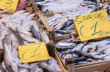 Palermo, Sicilya geleneksel Pazar balıklara renkli seçimi